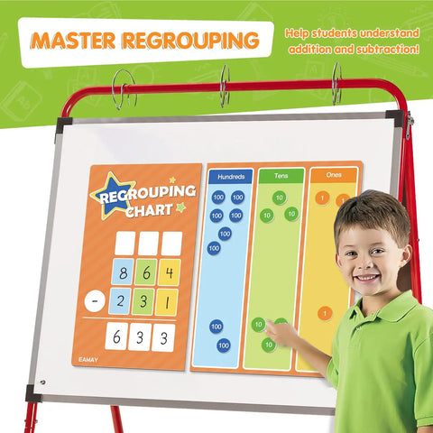 Child using Regrouping Base Ten Place Value Manipulatives Kit with Magnetic Dry Erase Board and Magnetic Chips for Addition and Subtraction
