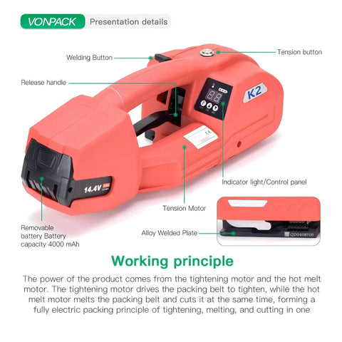 Hustle Free Electric Strapping Machine With Bright Digital Display And Massive 4000 Mah Battery Handles Half To Five Eighths In Poly Straps No Sweat Compact Cordless Bundler For Wood Metal Crate Packing close-up showing welding button, control panel and tension motor.