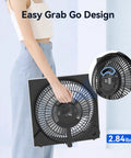 Person carrying 9 Inch Frameless Box Fan With 3 Speed Settings, Lightweight ABS Housing, ETL Listed, Compact Cooling For Bedroom.