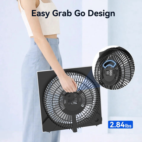 Person carrying 9 Inch Frameless Box Fan With 3 Speed Settings, Lightweight ABS Housing, ETL Listed, Compact Cooling For Bedroom.