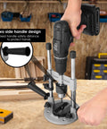 Person using Portable Drill Guide Attachment For Straight Holes No Fuss Drill Press Stand With Aluminum Alloy Construction Vertical Holder For 10 To 13mm Drills Slip Pad Surface Protection Quick Dock Ready on workbench