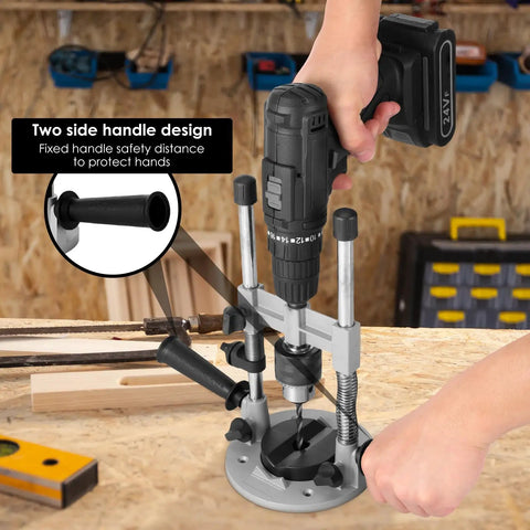 Person using Portable Drill Guide Attachment For Straight Holes No Fuss Drill Press Stand With Aluminum Alloy Construction Vertical Holder For 10 To 13mm Drills Slip Pad Surface Protection Quick Dock Ready on workbench