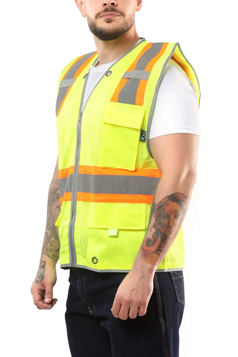 Person wearing High Visibility Safety Vest Yellow Medium Surveyor With Breathable Design And Harness Openings For Comfort Reflective Strips