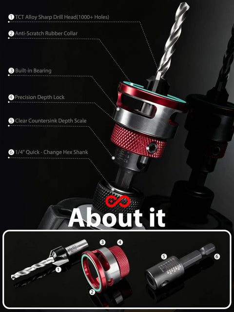 Heavy Duty Nine Piece Countersink Drill Bit Set With Adjustable Depth Stop Collar And Tct Alloy Steel components with clear countersink depth scale.