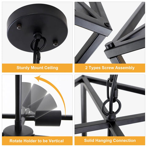 Black Farmhouse Four Light Chandelier Pendant For Dining Room And Kitchen Island Adjustable Height Industrial Lantern details