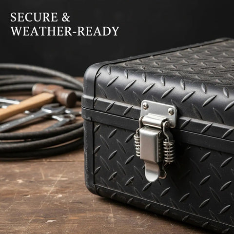 Heavy Duty 304 Stainless Steel Toggle Latch With Double Spring Draw Catch on a black toolbox, secure and weather-ready