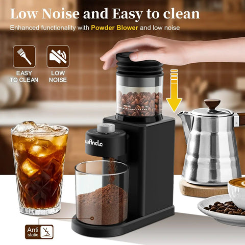 Wancle Electric Conical Burr Coffee Grinder With 25 Adjustable Grind Settings For Espresso Drip And French Press Low Noise compact design in use.