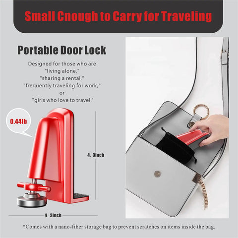 Portable Door Jammer Lock For Travel Security And Home Safety Anti Theft Prevention This Lockdown Door Stop Stops BreakIns In Hotels Apartments And Homes Perfect For Homeowners And Families Red, shown being placed in a bag.