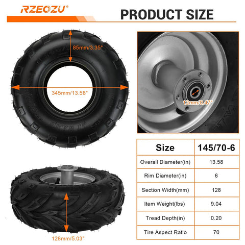 145/70-6 Mini Bike Tire With 6 Inch Rear Rim Assembly Kit featuring size dimensions and specifications