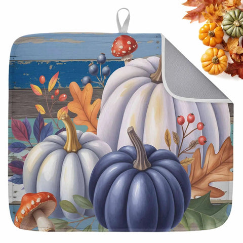 Fall Thanksgiving Dish Drying Mat 16 X 18 Inches Purple Pumpkin Leaves Wood Grain Design Absorbent Microfiber Kitchen Counter Pad