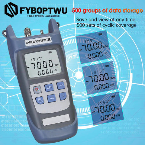 FYBOPTWU 3-in-1 fiber optic tester with optical power meter and VFL; handheld device with LCD showing -70.00 dBm.