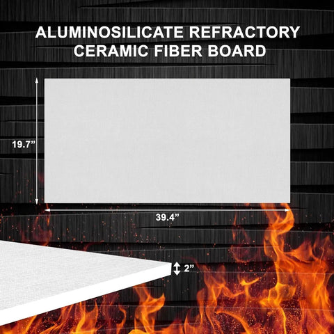 Pro Grade Built Tough 24 Pack Ceramic Fiber Insulation Boards, 2X19.7X39.4 Inch Aluminosilicate Refractory Tile Sheets displayed on a fiery background.