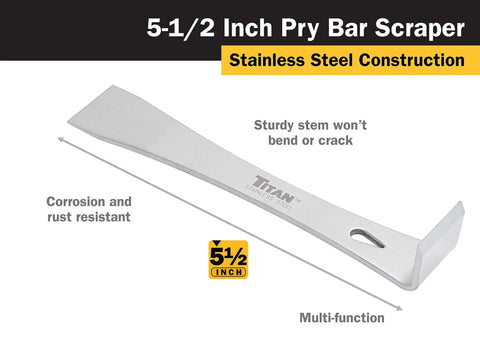 5-1/2 Inch Stainless Steel Pry Bar Scraper With Nail Puller, Razor Sharp Edge, And Angled Prying End For Walls, Moldings, Tiles shown