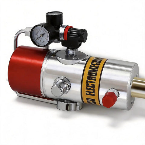 Beefed Up Heavy Duty Pneumatic Grease Gun Dispenser, silver and red design with pressure gauge, for industrial lubrication