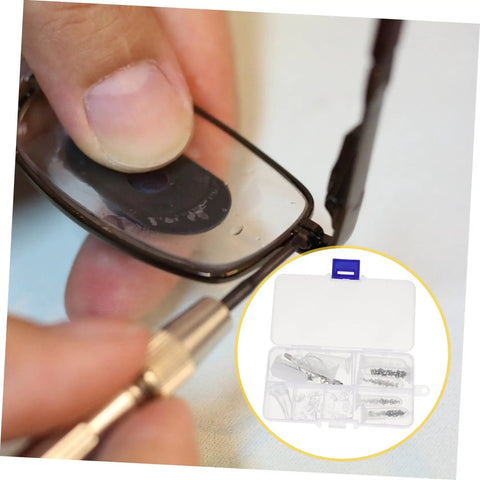 Eyeglass Repair Tool Kit With Nose Pads And Tiny Screws For Quick Eyewear Maintenance shown fixing glasses frame.