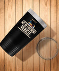 My Retirement Vehicle Golf Cart Tumbler 20oz Double Walled Stainless Steel Insulated Coffee Cup with clear lid on wood surface.