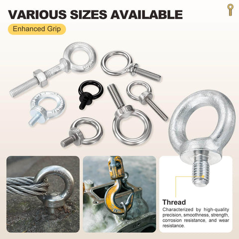 Various sizes of Shoulder Eye Bolt Set One Quarter Inch By One Half Inch Four Pack Carbon Steel Lifting Eye Bolts With Threads for industrial use.