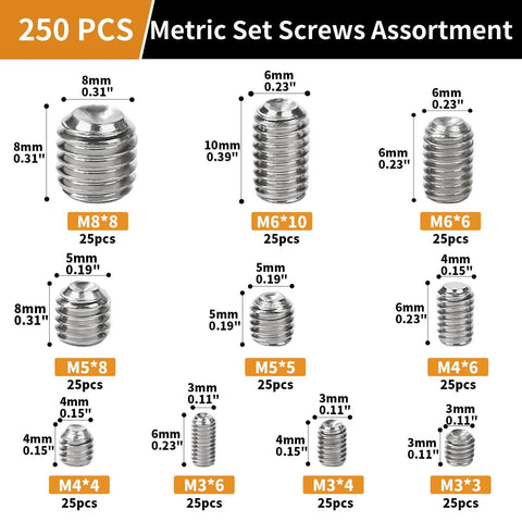 250-Piece Set Screw Kit For DIYers, Metric M3 Through M8, 304 Stainless Steel Cupped And Hex Head Grub Screws