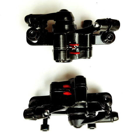 Born To Shred MTB Mechanical Disc Brake Set With Lightweight Aluminum Calipers and two calipers, black finish.