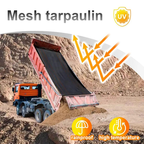 Heavy Duty Mesh Dump Truck Tarp 7 By 18 Feet Black Breathable Cover For Truck Bed And Trailer With Two Stability Straps Six Inch Pockets Tear Resistant Double Stitching And Brass Grommets For Wind Resistant Durability Tough As Nails