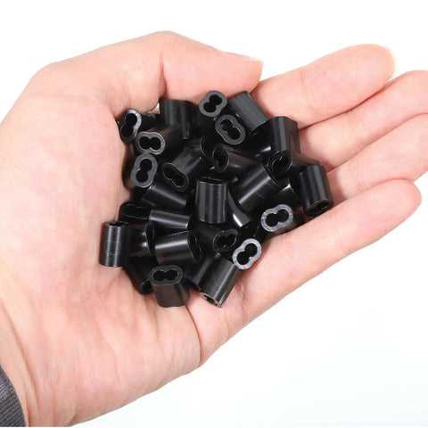One Eighth Inch Aluminum Crimp Loop Sleeve Set Black Cable Ferrule For Wire Rope Crimps M3 50 PCS Rust Resistant Aluminum Durable Easy Crimp Heavy Duty Build For DIY Projects Repairs Fishing Camping Cables, black sleeves in hand