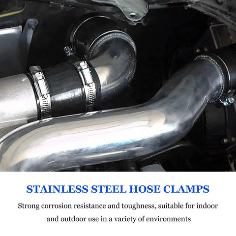 BWBWND two stainless steel hose clamps installed on automotive hoses, 1-1/2 to 2-1/2 in