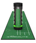 Big Time Golf Putting Mat For Home Practice 367cm By 67cm with targets and alignment lines displayed in a roll on green surface.