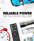 Assorted electronics and gadgets with remote, flashlight, clock, and text promoting Max AAA Batteries 4 Pack Alkaline Powerhouse.
