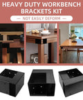 Heavy Duty 3 Way Corner Brackets Set For DIY Workbench And Work Table Fits 4x4 And 2x4 Lumber Right Angle Corner Brackets With Pre Drilled Holes Easy Install Black shown in use on tables and close-up view.