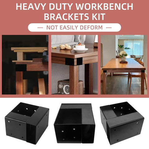 Heavy Duty 3 Way Corner Brackets Set For DIY Workbench And Work Table Fits 4x4 And 2x4 Lumber Right Angle Corner Brackets With Pre Drilled Holes Easy Install Black shown in use on tables and close-up view.