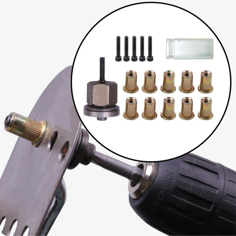Rivet Nut Kit M3 To Drill Attachment For DIY Auto Projects with screws, mandrel, and electric drill in use