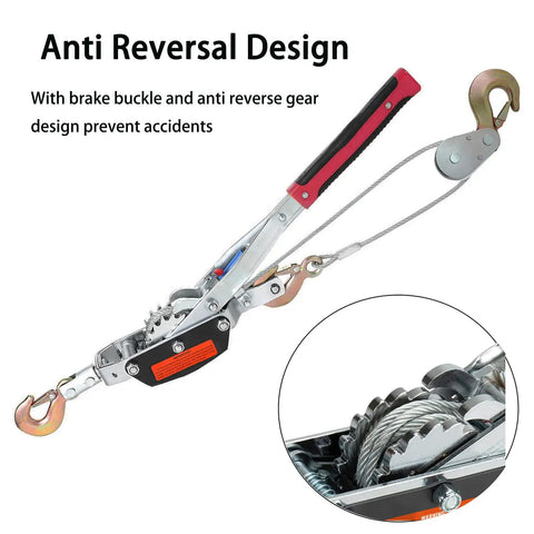 5 Ton Come Along Winch Heavy Duty Dual Gear Power Puller with anti reversal gear shown and close-up of brake buckle design.