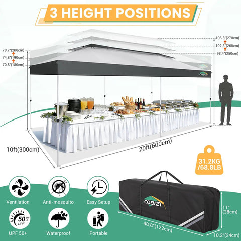 10x20 Pop Up Gazebo With Mosquito Netting Sidewalls No Tools Needed One Push Easy Up Canopy With Dual Vent Roof Waterproof And UV 50 Plus Screen Tent For Party Time Backyard Patios And Events displayed in setup with table underneath.
