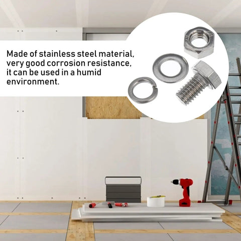 40 Pieces M6x10mm Stainless Steel Hex Bolts And Nuts Kit with washer, hex nut, and bolt on workshop surface