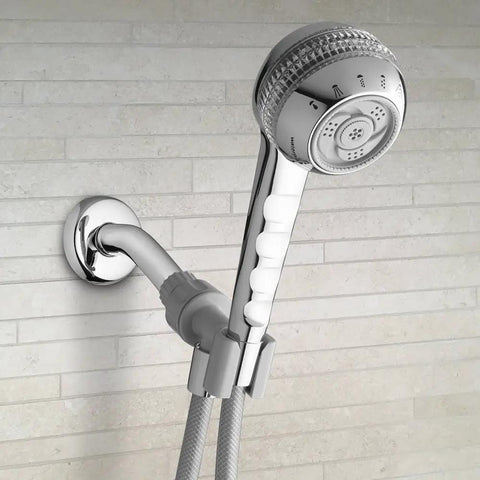 Original Massage Shower Head With Handheld Spray And PowerSpray 2.5 GPM Chrome Finish mounted on shower wall