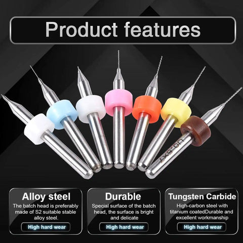 7 Pcs Mini PCB Drill Bit Set 0.2mm To 0.5mm High Speed Steel Spiral Flute Micro Drill Bits shown in various colors