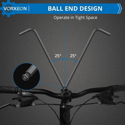 Ultra Durable 9 Piece Allen Wrench Set ball end hex key showing 25-degree angle flexibility for bike repair