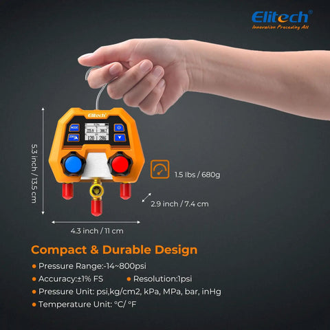 Digital HVAC Manifold Gauge Set DMG2SE With Hoses And R410A Adapters For Fast Onsite Diagnostics No Nonsense Readouts Instant High And Low Side Saturation Readouts And Precise System Troubleshooting, compact handheld unit 5.3 inch