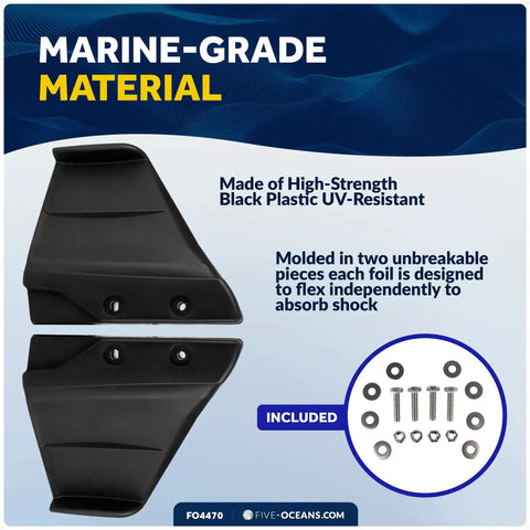Marine-grade black plastic hydrofoil kit for outboard motor and stern drive up to 50HP; includes bolts and fittings.