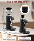 Top Shelf 64 Mm Stainless Steel Flat Burr Coffee Grinder with Two Bean Hoppers, 250g and 50g, for precise coffee grind settings.