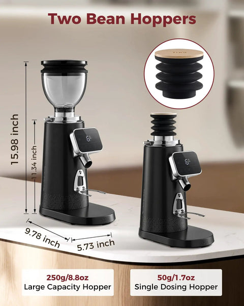 Top Shelf 64 Mm Stainless Steel Flat Burr Coffee Grinder with Two Bean Hoppers, 250g and 50g, for precise coffee grind settings.