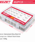 652 Piece Heavy Duty Bolts And Nuts Set Grade 8.8 in plastic box with size chart and dimensions for DIY projects.