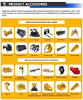 Product accessories for commercial grade backhoe loader with front loader and backhoe attachments including buckets and tools.