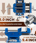 Heavy Duty 6 Inch Cross Slide Drill Press Vise With 9.4 Inch X Axis And 8.0 Inch Y Axis Travel Precision Scale shown with adjustable dials.