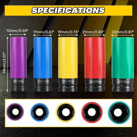 Five Piece One Half Inch Drive Impact Lug Nut Socket Set With Non Marring Thin Wall Design, CRV Alloy, Color Coded Protective Sleeve, Six Point Sizes 15 17 19 21 22 Mm, Rotating Nylon Wheel Protector For Safer Grippier Wheel Changes display showing color-coded sockets with size markings.