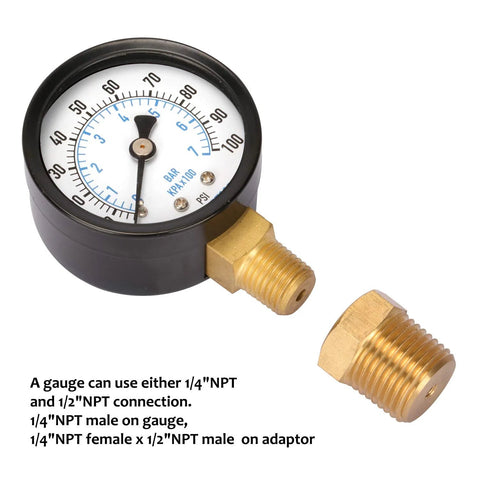 Measureman 2-inch well pump pressure gauge with 0-100 psi/bar scale and brass 1/4 in NPT male to 1/2 in NPT adaptor