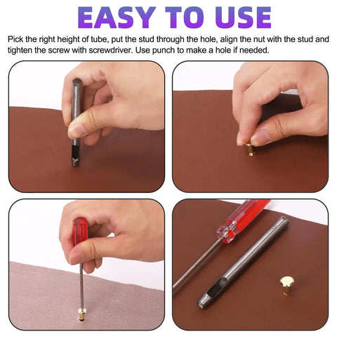 Demonstration of using Top Shelf Pro Grade Gold Leather Rivets And Chicago Binding Screws Assortment Kit with tools on leather.