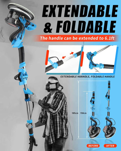 Man using 800W Drywall Sander With Foldable Design, showing extendable handle for drywall and plaster finishing.