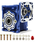 Front and side view of blue Jecoupoon NMRV040 worm gear reducer with flange mount and output shaft.