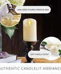 Realistic Moving Flame LED Candle Pillar 3x4.5 Inch Ivory on black holder, showcasing hand-poured paraffin wax and vanilla scent